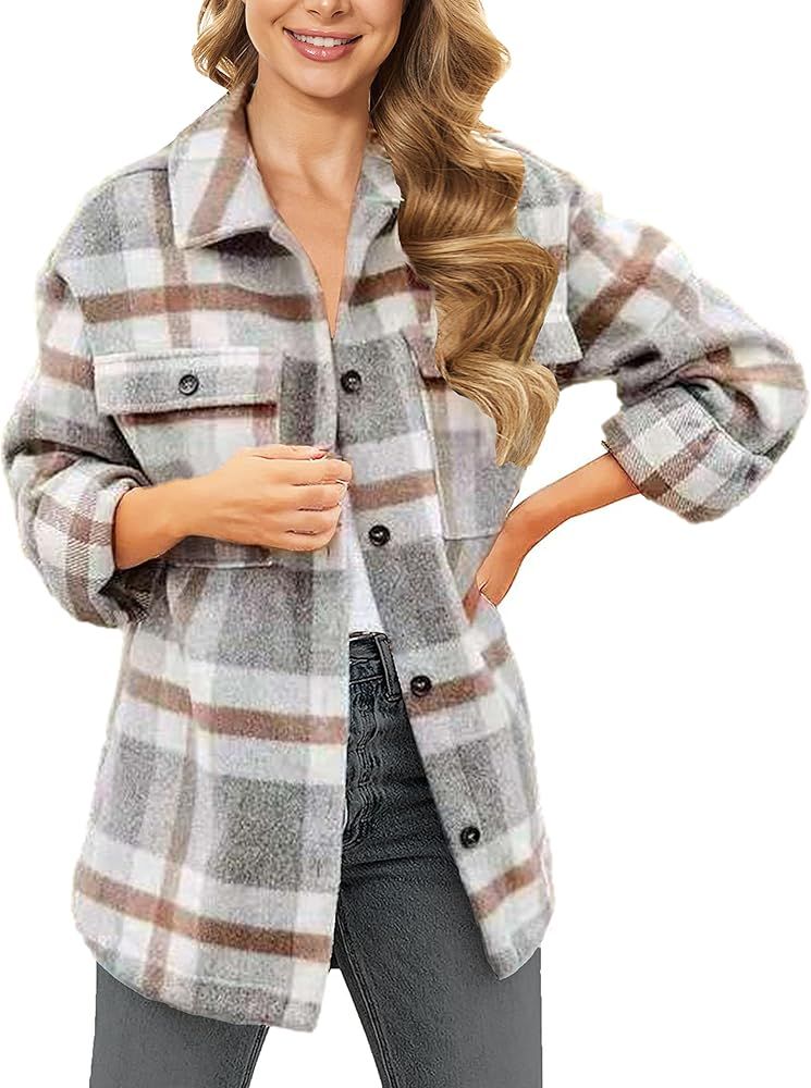 HangNiFang Color Block Plaid Flannel Jacket Shacket for Womens Button Down Shirts Coat | Amazon (US)