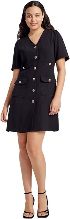 GOELIA Women's Triacetate Black Mini Dress, Business Casual A Line V-Neck Button Front Dresses fo... | Amazon (US)