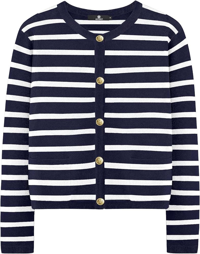 AUTOMET Womens Cardigans Striped Sweaters 2024 Fall Fashion Outfits Clothes Open Front Button Down Knit with Pockets | Amazon (US)