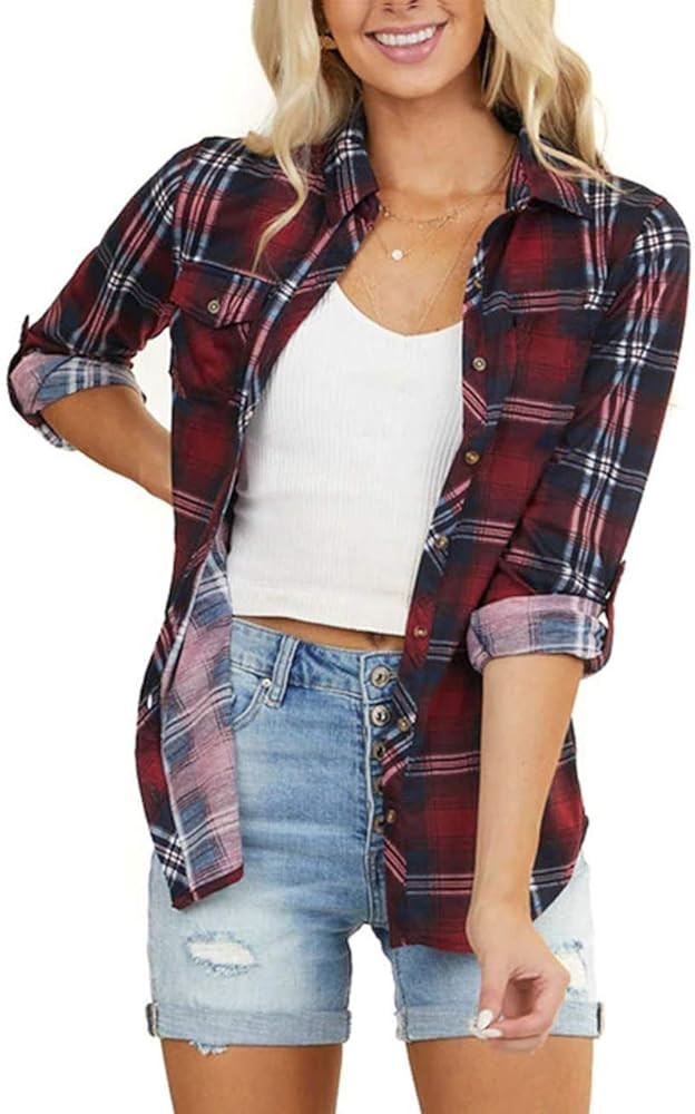 NUOREEL Women's Classic Plaid Flannel Shirt Button Down Roll Up Long Sleeve Casual Blouse Top | Amazon (US)