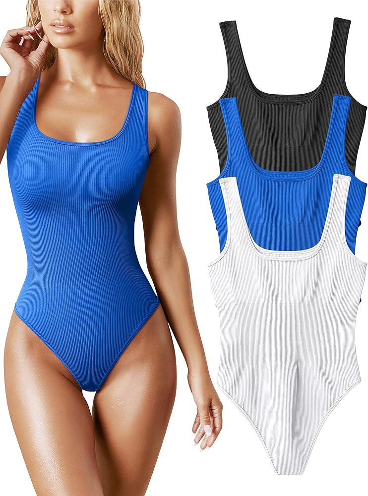 OQQ Women's 3 Piece Bodysuits Sexy Ribbed Sleeveless Square Neck Sleeveless Tank Tops Bodysuits | Amazon (US)