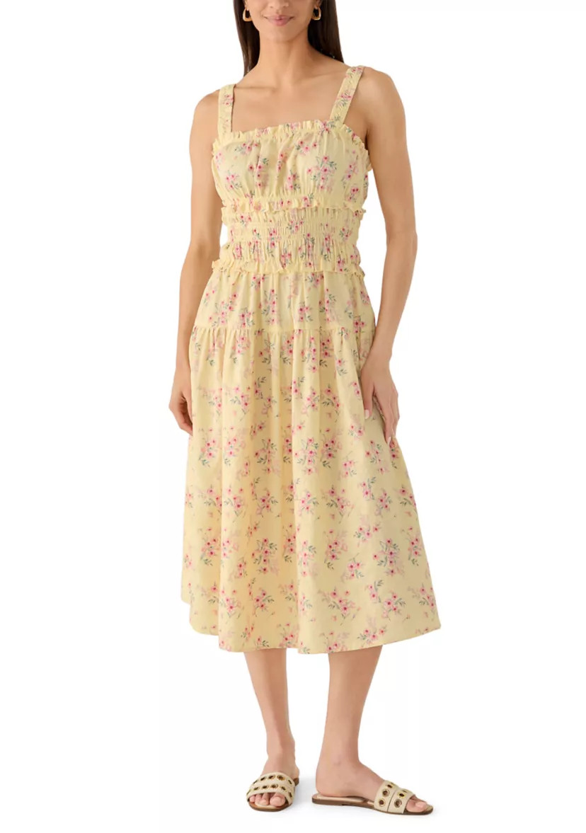 Women's Smocked Bodice Ruffle Strap Tiered Midi Dress | Belk