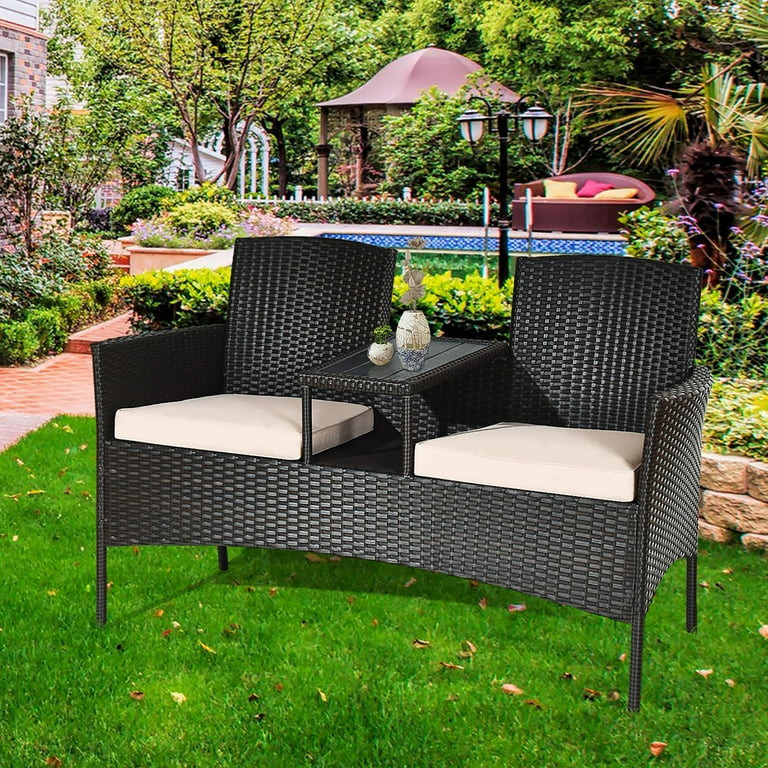 Costway Patented Patio Rattan Conversation Set Loveseat Sofa Cushioned Coffee Table Mix Brown | Walmart (US)