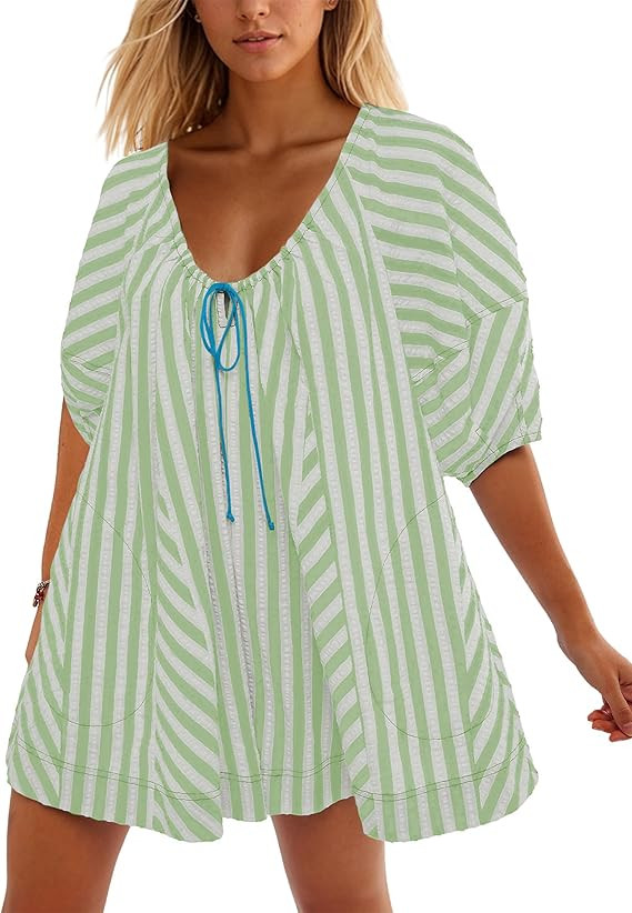 Women Summer Mini Dress Casual Striped Puff Sleeve Scoop Neck Keyhole Back 2024 Beach Swing Dress... | Amazon (US)