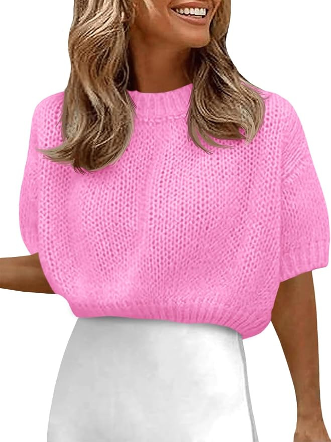 Fisoew Puff Short Sleeve Cropped Sweater for Women Knit Crewneck Trendy Crop Tops | Amazon (US)