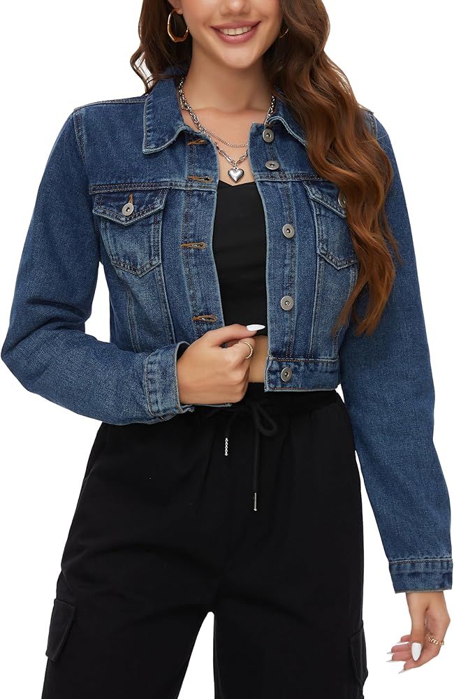 PEIQI Women’s Cropped Jean Denim Jacket Button Down Long Sleeve with Pockets | Amazon (US)