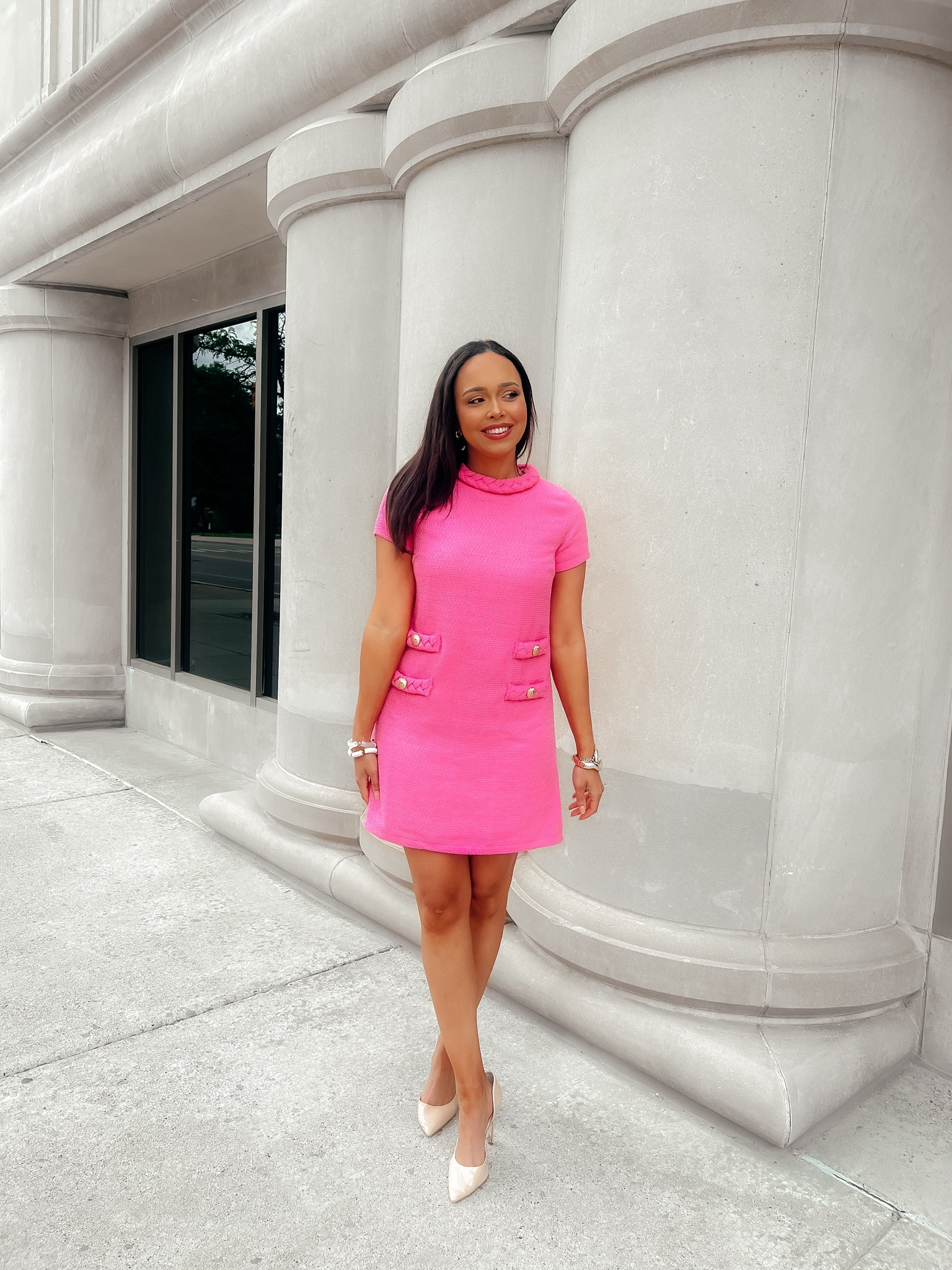 A designer dupe for under $50! This timeless & classic dress is perfect for work, church, or showers this Summer! Comes in 12 colors too! Wearing a size XS and may size up one size for a little more length! 

#LTKStyleTip #LTKWorkwear #LTKWedding