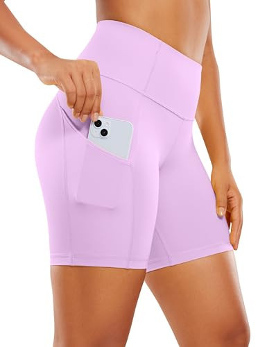 CRZ YOGA Women's Naked Feeling Light Running Shorts 6 Inches - High Waisted Gym Biker Compression Shorts with Pockets Lilac X-Small | Amazon (US)