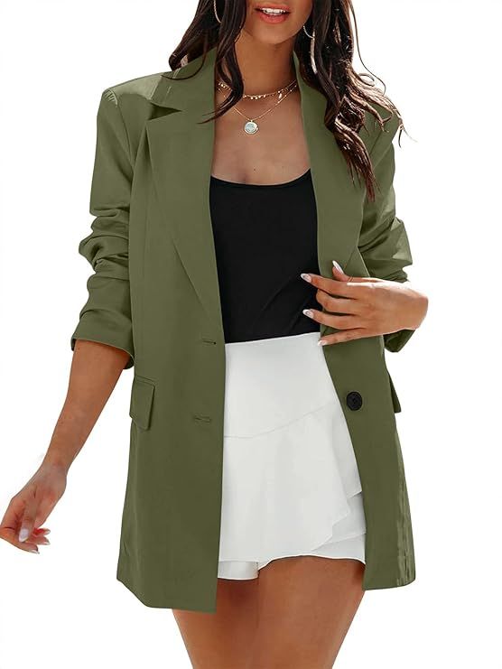 ANRABESS Women's Casual Button Long Sleeve Lapel Open Front Pad Shoulder Office Blazer Jacket Wor... | Amazon (US)