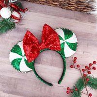 Peppermint Minnie Mouse Ears, Christmas Green Sequin Holiday Ears | Etsy (US)