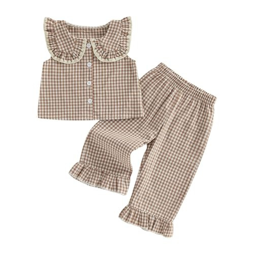 Mieeyali Toddler Girls Summer Clothes Set Gingham Linen Button Up Dress Tops Flared Pants 2 Piece Spring Summer Outfits 1-5t (Khaki, 4-5T) | Amazon (US)