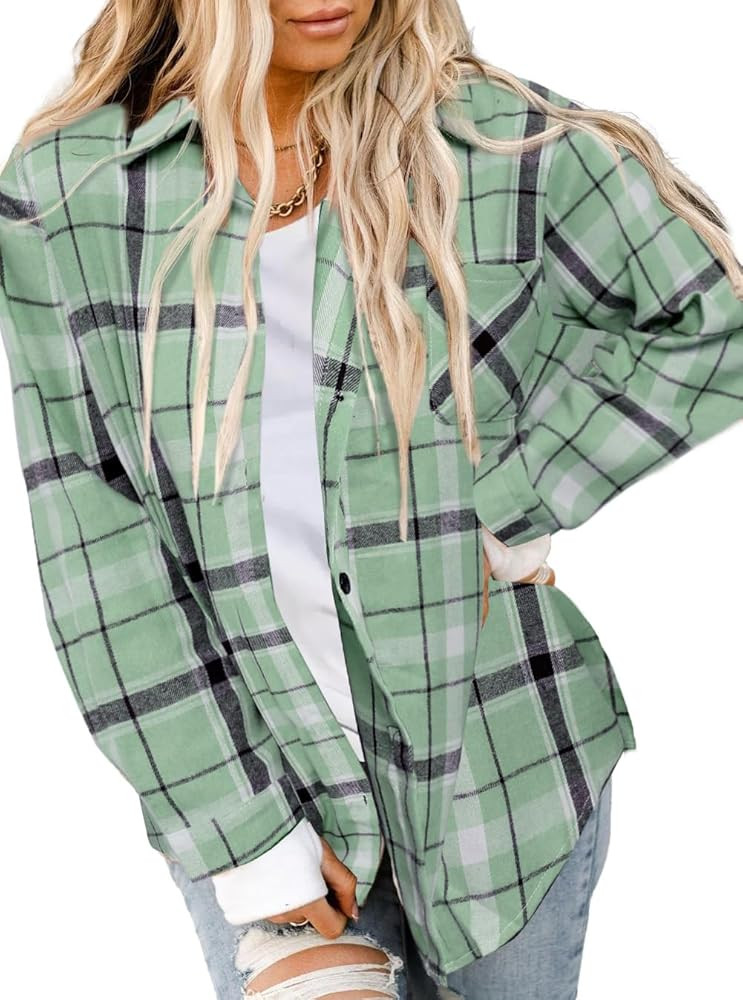Asiertiy Womens Buffalo Plaid Flannel Shirt Long Sleeve Collar Button Down Blouses Lightweight To... | Amazon (US)