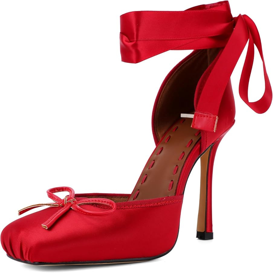 Women's Ballet Heels for Women, Satin Ballerina High Heels with Ribbon Lace-Up, Square Toe Mary Jane Stiletto Heels for Party, Wedding & Formal Dress | Amazon (US)