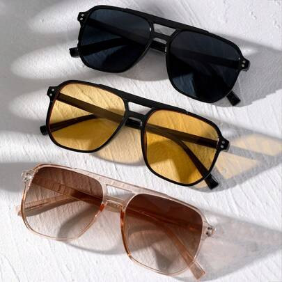 3 Pairs Of Women's Double-Bridge Square Rivet Fashion Glasses Set, Orange, Black, Yellow | SHEIN