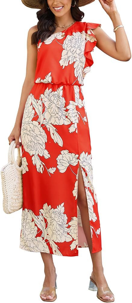 CCTOO Women Summer Floral Dresses Ruffle One Shoulder Sleeveless Flowy Beach Vacation Wedding Gue... | Amazon (US)