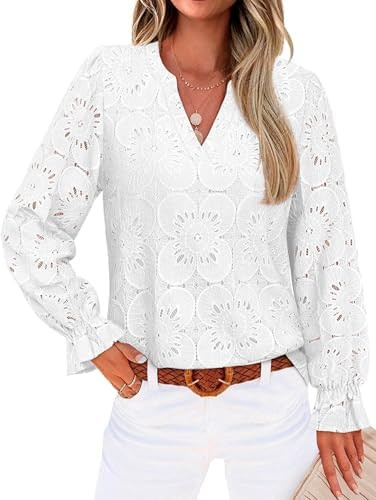 RUMIA Womens Blouses V Neck Eyelet Lace Tops with Lining Dressy Sheer Long Sleeve Shirts Embroide... | Amazon (US)