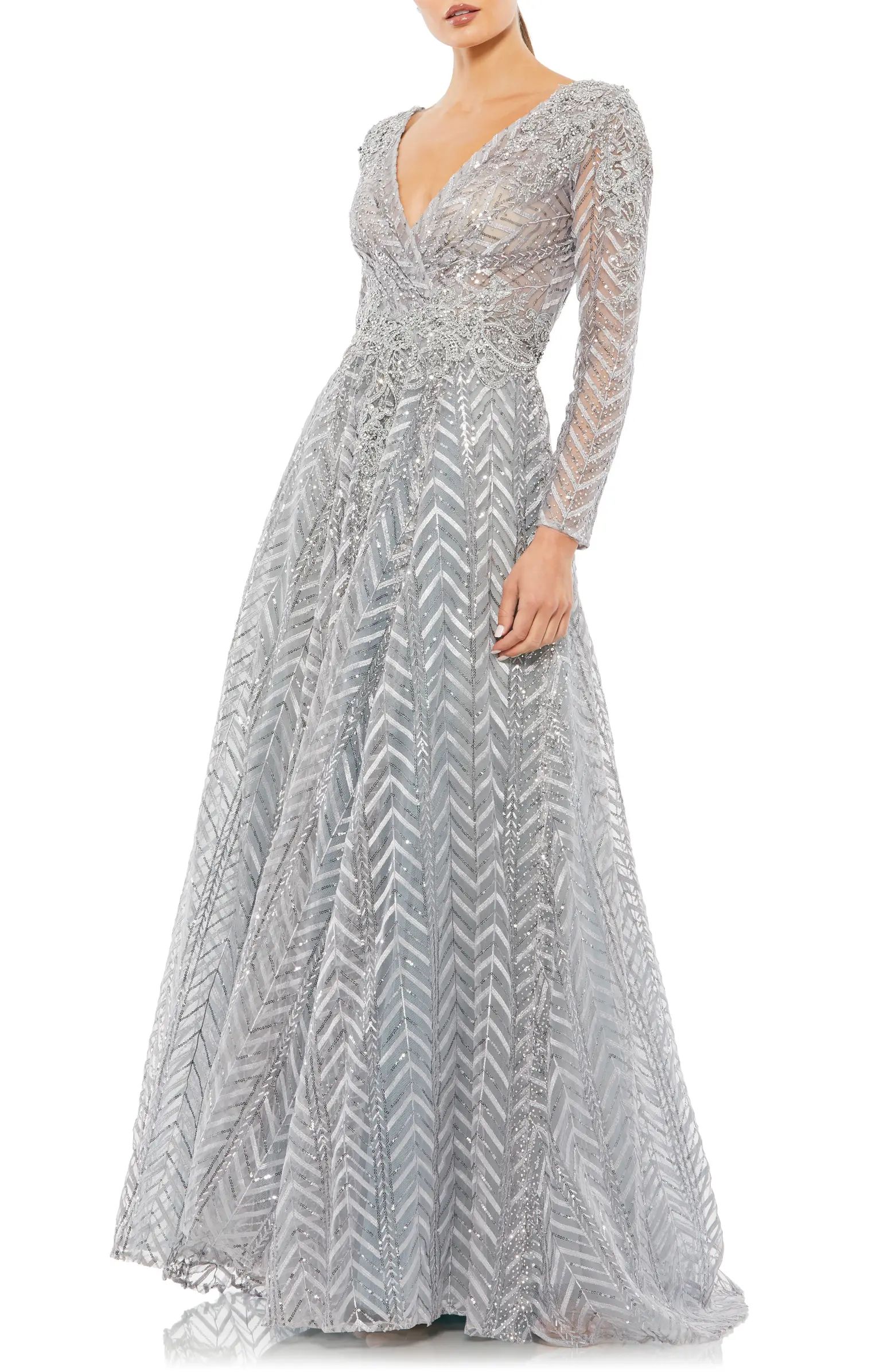 Embellished Long Sleeve Mesh A-Line Gown | Nordstrom