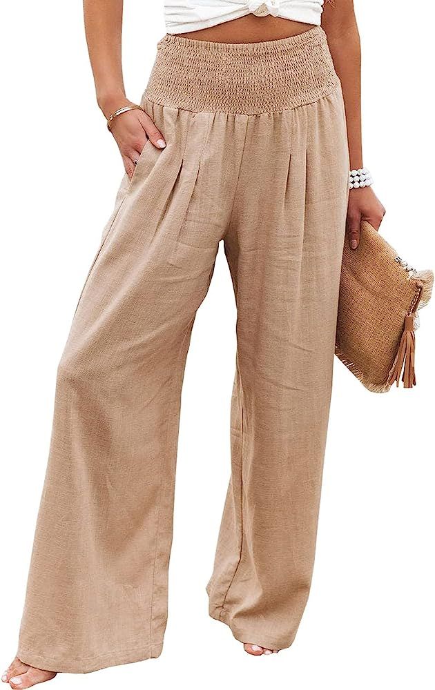 Vansha Women Summer High Waisted Cotton Linen Palazzo Pants Wide Leg Long Lounge Pant Trousers with  | Amazon (US)