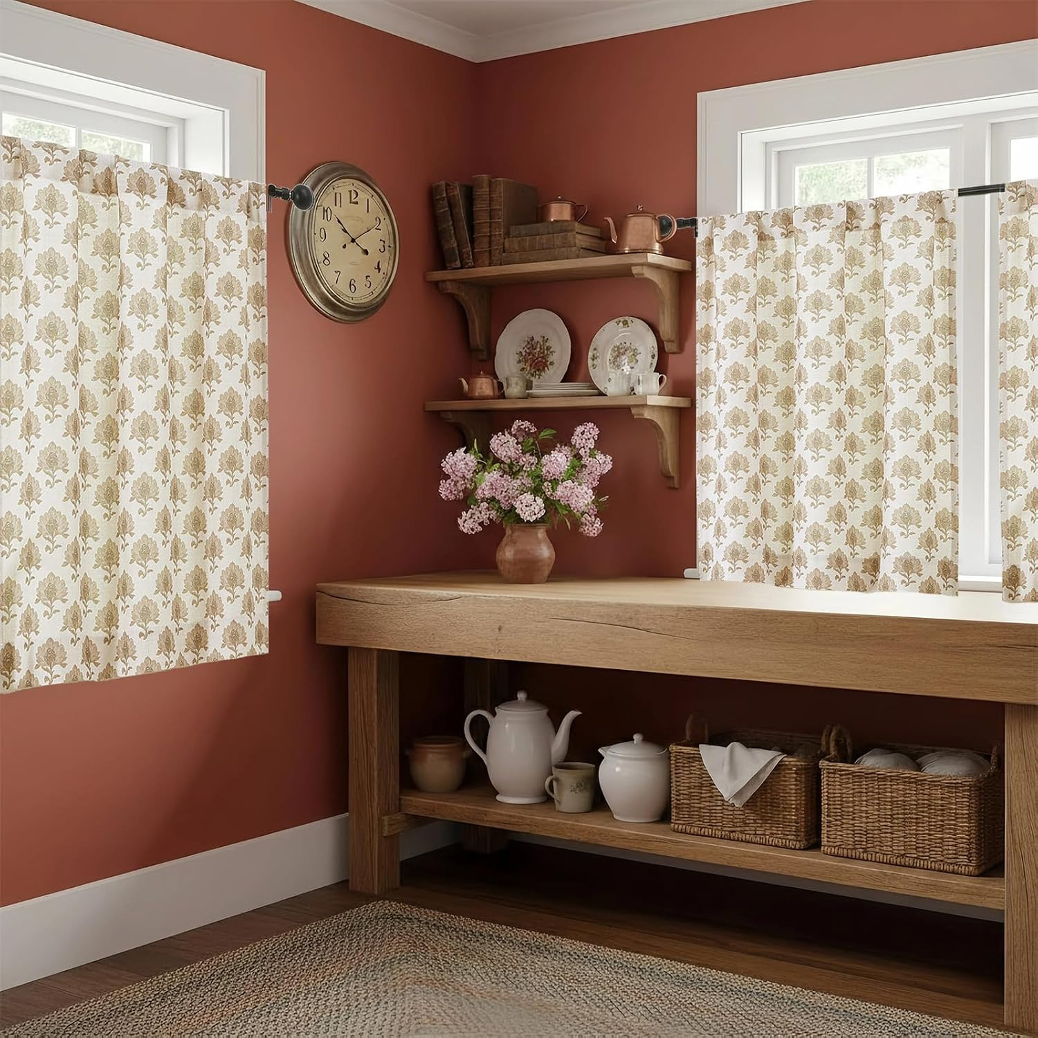 Floral Boho Kitchen Curtains 24 Inch Length - Light Filtering Faux Linen Half Window Cafe Curtain... | Amazon (US)