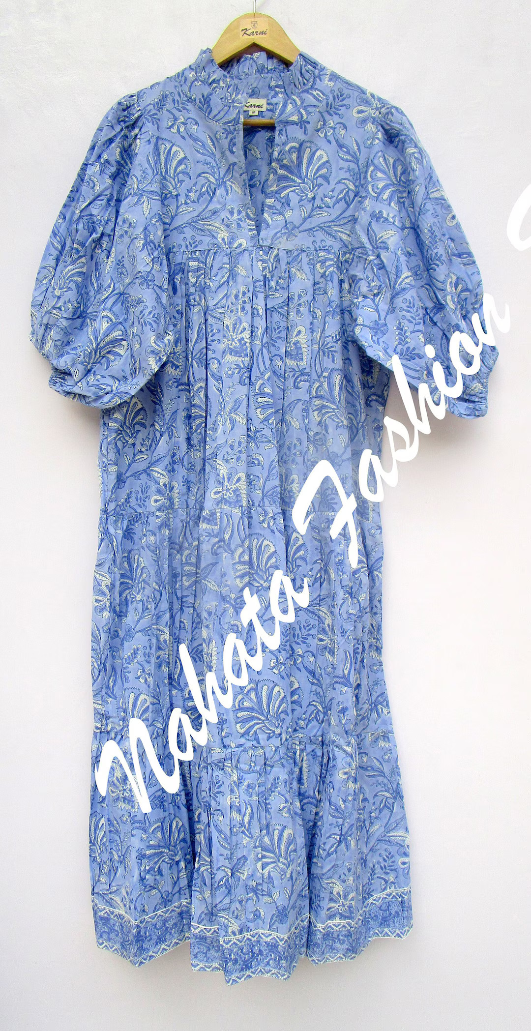 Cotton Blue Plant Hand Block Printed Women's Summer Maxi Dress With Belt - Etsy | Etsy (US)