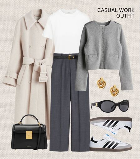 Casual work outfit 👩🏼‍💻

Read the size guide/size reviews to pick the right size.

Leave a 🖤 to favorite this post and come back later to shop

Work outfit, workwear, office outfit, spring outfit, trousers, wool trench coat, grey knit jacket, adidas samba, celine sunglasses, demellier hand bag, cotton blend t-shirtt

#LTKstyletip #LTKSeasonal #LTKworkwear