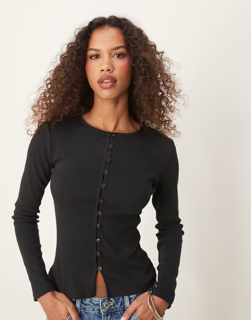 ASOS DESIGN button through mini rib cardigan in black | ASOS (Global)