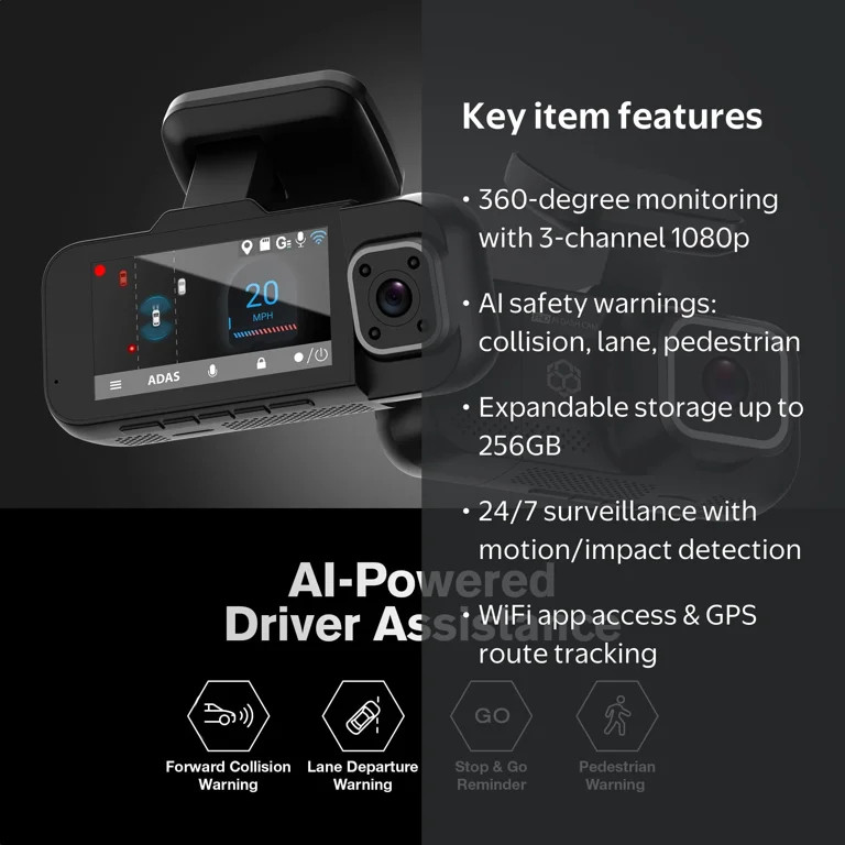 YADA Roadcam AI 3-Channel Dash Cam with AI-Powered Driver Assistance, Front Interior Rear Full-Co... | Walmart (US)