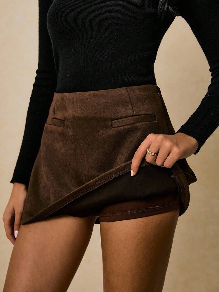 Poéselle Women's Skirts Suede Fabric Pants Lining Women's Culottes Brown Skirt Women's Bottoms Women's Solid Color Suedette Faux Pocket Stylish Mini Skirt Women's Skirts Women's Shorts BOHO Fall Clothes For Women Winter Clothes For Women Fall Outfits For Women Winter Outfits For Women Christmas Clothes Business Casual Woman Office Outfits For Women | SHEIN