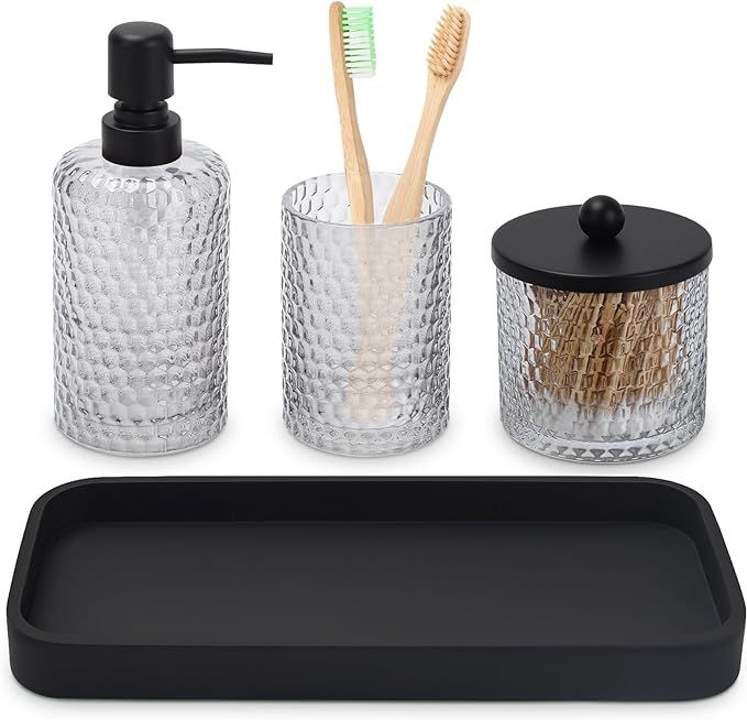 Bathroom Accessory Set,4 Pcs Clear Glass Bathroom Accessories Set-Lotion Soap Dispenser,Toothbrus... | Amazon (US)