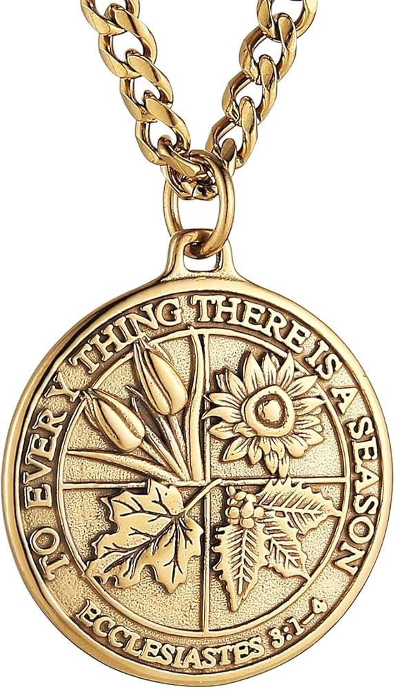 HZMAN Coin Necklace Men's Stainless Steel Necklace Pendant Retro Ecclesiastes Bible Verse Round M... | Amazon (US)