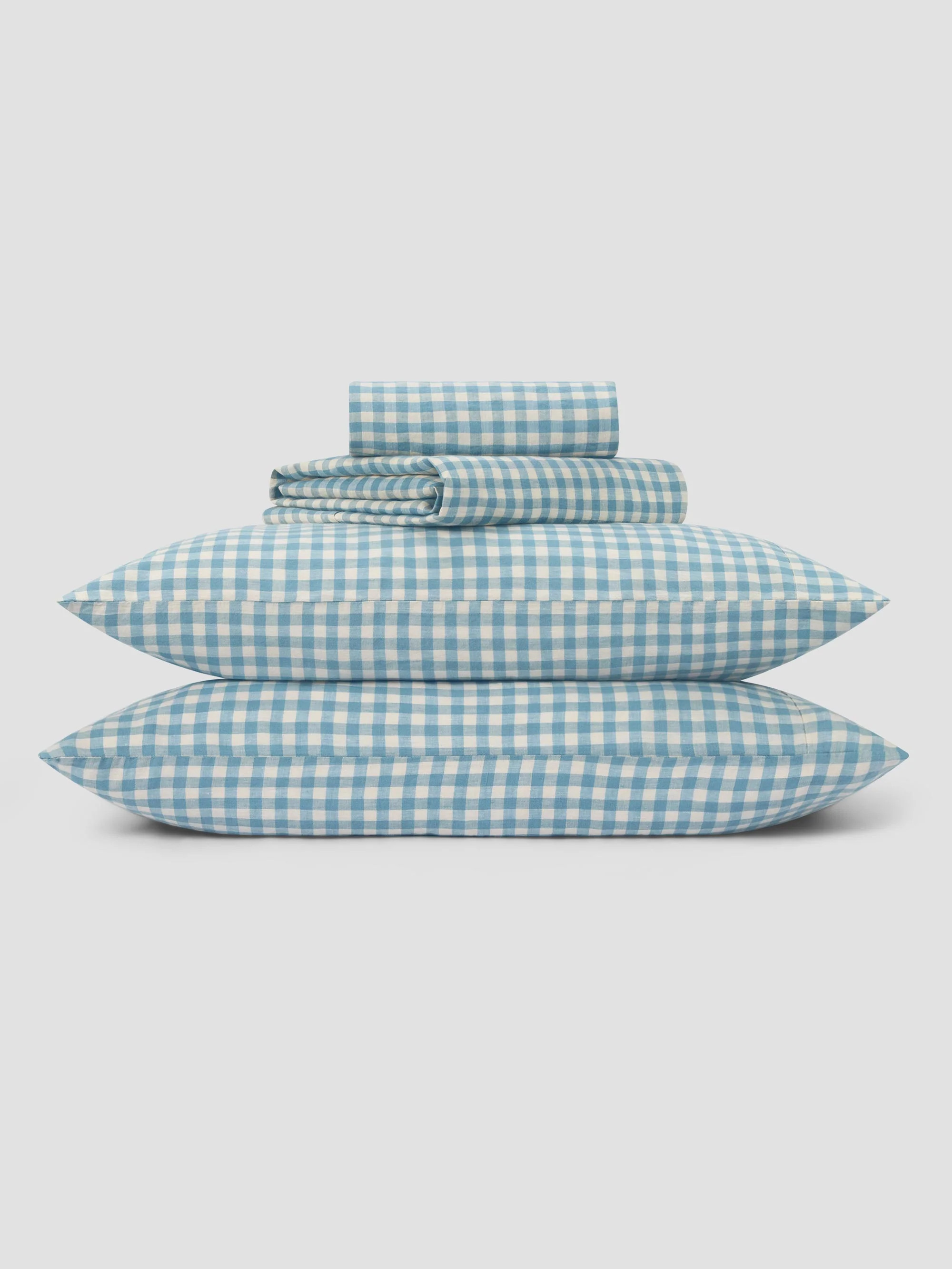 Warm Blue Gingham Linen Blend Sheet Set | Piglet