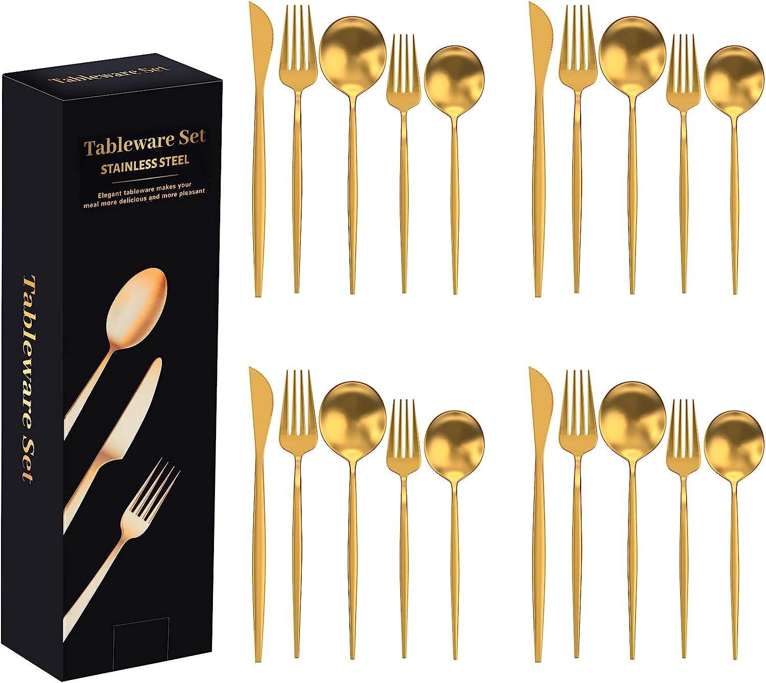 Gold Silverware Set for 4 People,20-Piece 18/10 Stainless Steel Cutlery Set Gold Flatware Set,Ava... | Amazon (US)