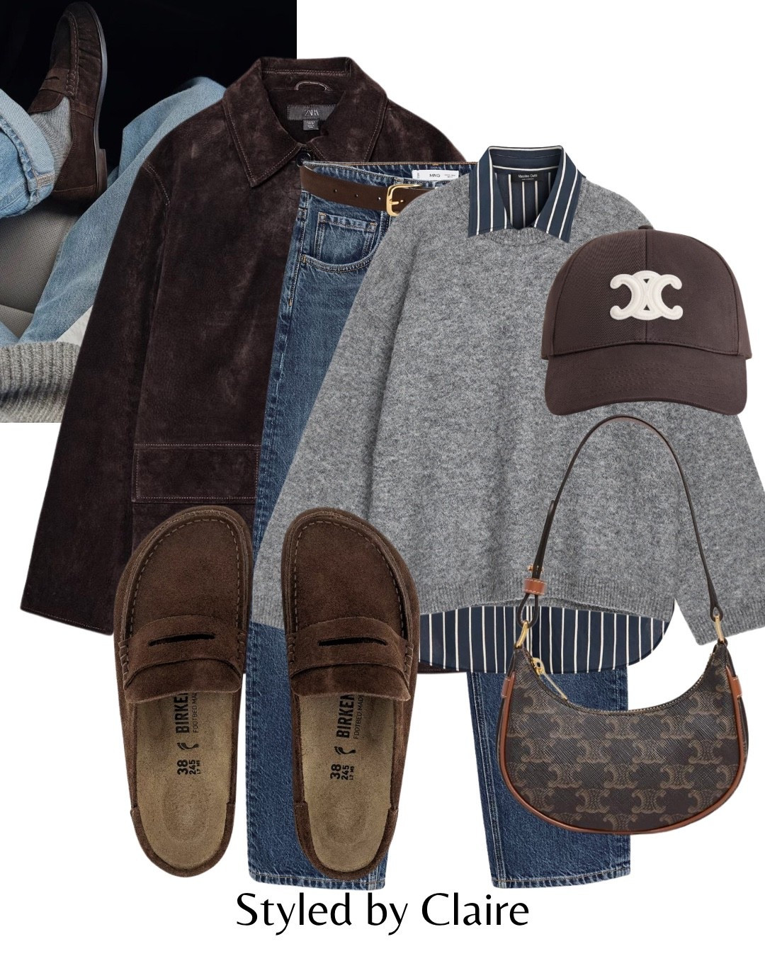 BIRKENSTOCK NAPLES🍫
Tags: oversized suede blazer Zara chocolate brown mules loafers barrel leg jeans dark wash Zara belt stripe shirt may grey knit sweater Celine bag cap fashion capsule wardrobe city break elevated basics chic women’s style work office 

#LTKwinter #LTKstyletip #LTKshoes