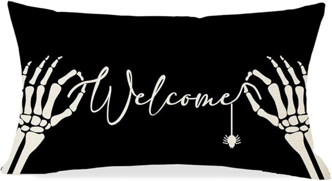 PANDICORN Black Halloween Pillow Cover 12x20 Skeleton Hand Spider Welcome Outdoor Fall Halloween ... | Amazon (US)