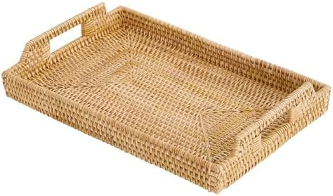 Rattan Rectangular Serving Tray with Handles, Hand-Woven Wicker Decorative Tray for Coffee Table,... | Amazon (US)