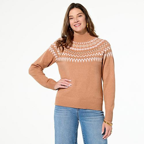 TWRHLL by Christie Brinkley Fairisle Turtleneck Sweater - Tan - Size X-Small | HSN
