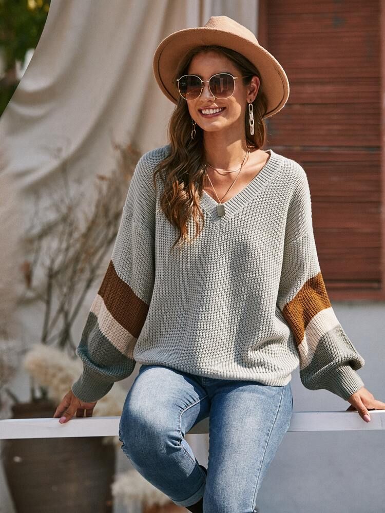 Colorblock Drop Shoulder Sweater | SHEIN