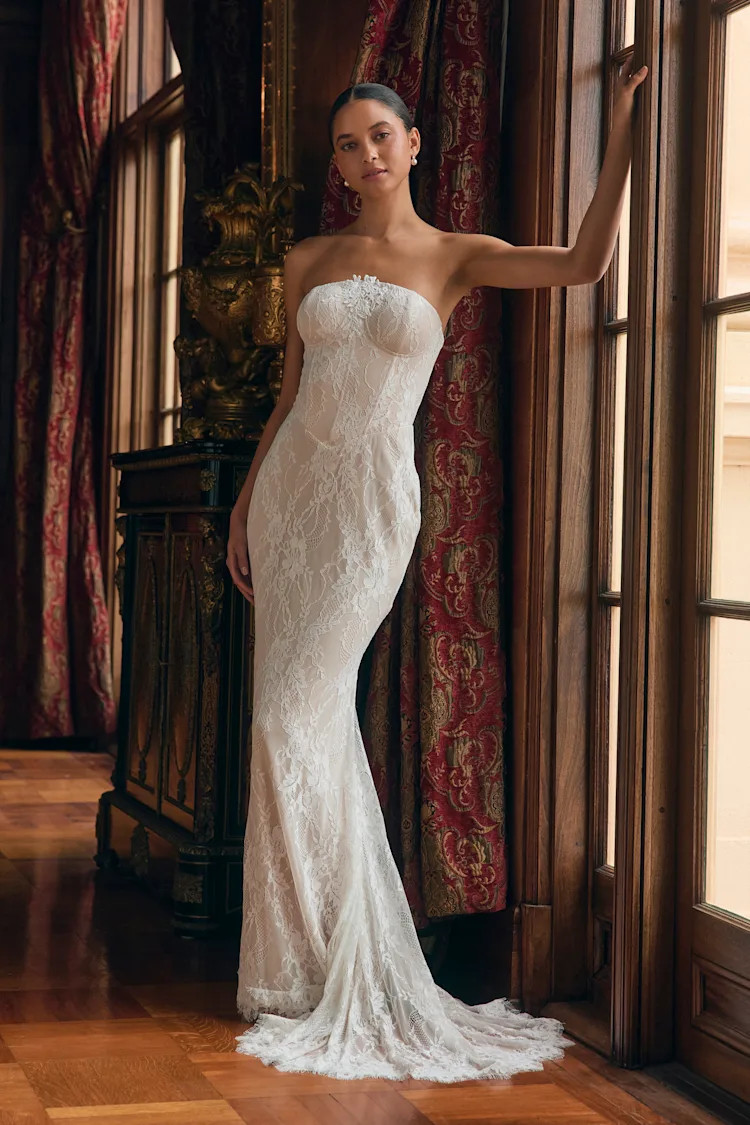 Valeria White Lace Strapless Bustier Maxi Dress | Lulus