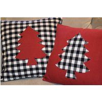 Black & White Buffalo Plaid & Red Houndstooth Flannel Pillow Cover Christmas Tree Applique 14x14 16x | Etsy (US)