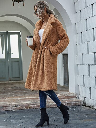 Lapel Neck Pocket Side Teddy Coat | SHEIN