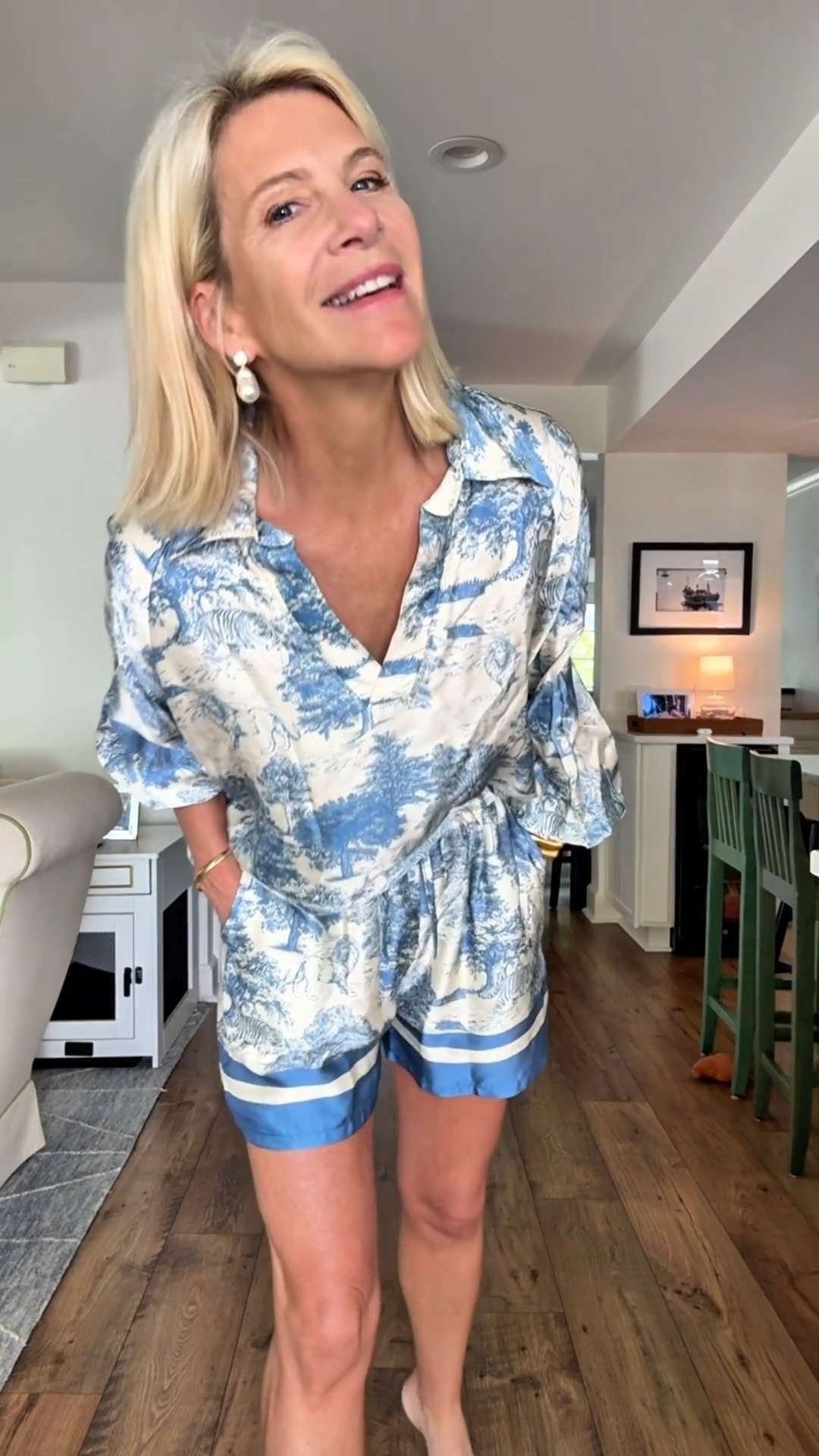 Blue Printed Matching Shorts Set Outfit 

 #LTKootd #LTKSeasonal #LTKOver40