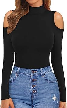 MANGOPOP Women Sexy Cutout Cold Shoulder Top V Neck Short Sleeve Bodysuit/Mock Turtle Neck Long S... | Amazon (US)