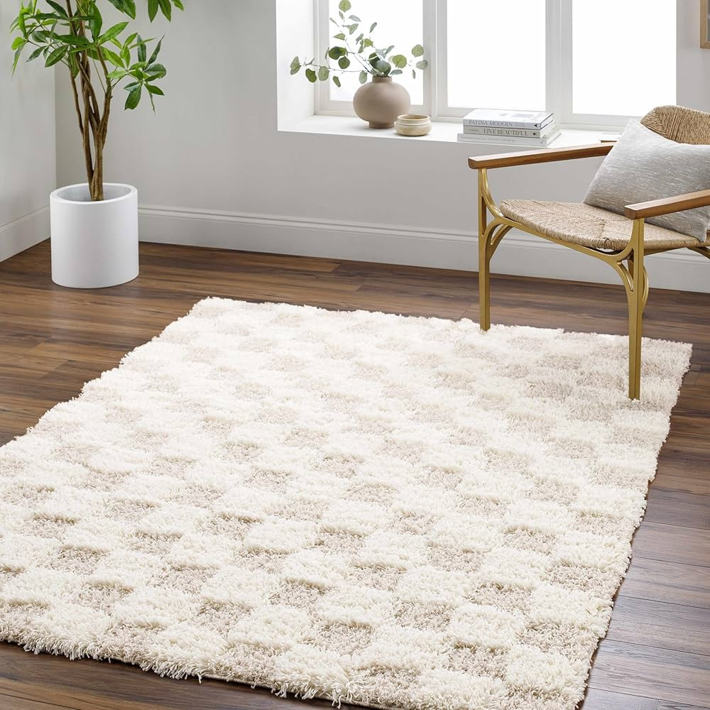Hauteloom Etiler Checkered Shag Area Rug - Checkboard Design - High Pile Fluffy Shaggy Touch - Sq... | Amazon (US)