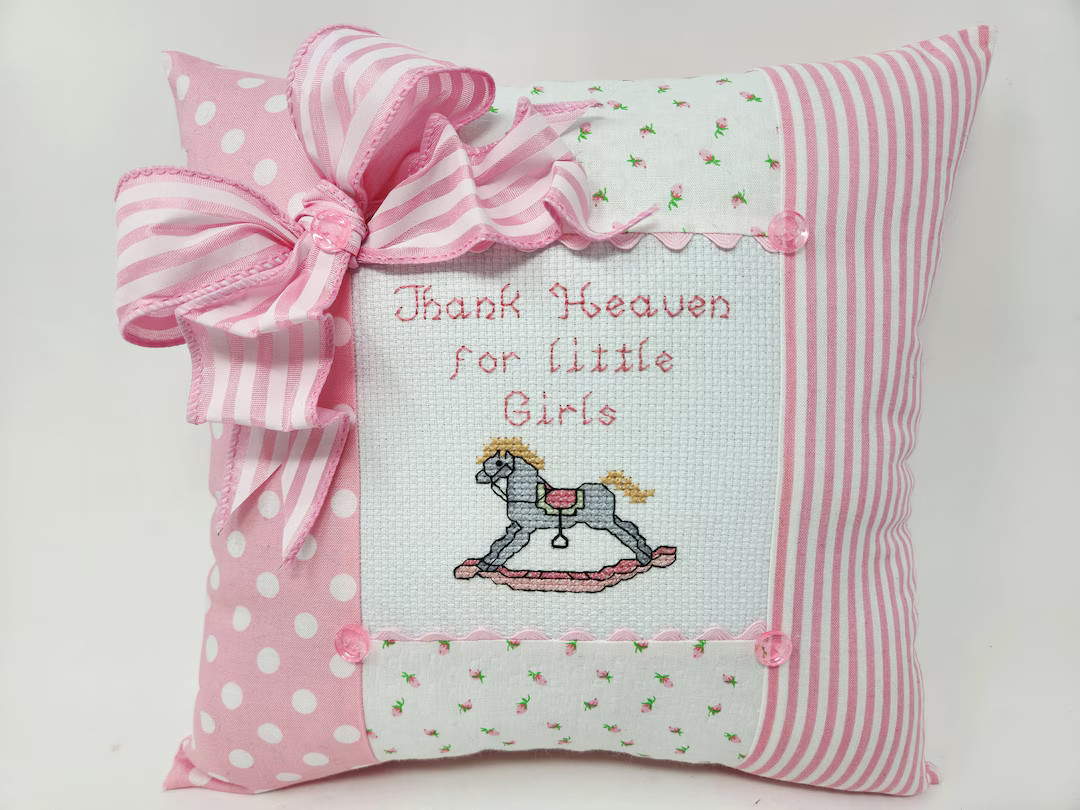 Finished Cross-stitched BABY 'thank Heaven for Little Girls" Pillow Stitched on 14 Count White Ai... | Etsy (US)