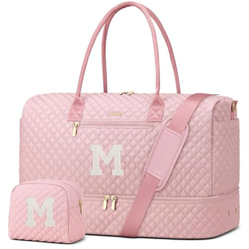 Letter Weekender Bags for Womens - Duffle Bag with Shoe Compartment Personalized Overnight Bag with Toiletry Bag Duffel Bags for Gym Hospital Bags Gift for Women Pink (Letter M) | Amazon (US)
