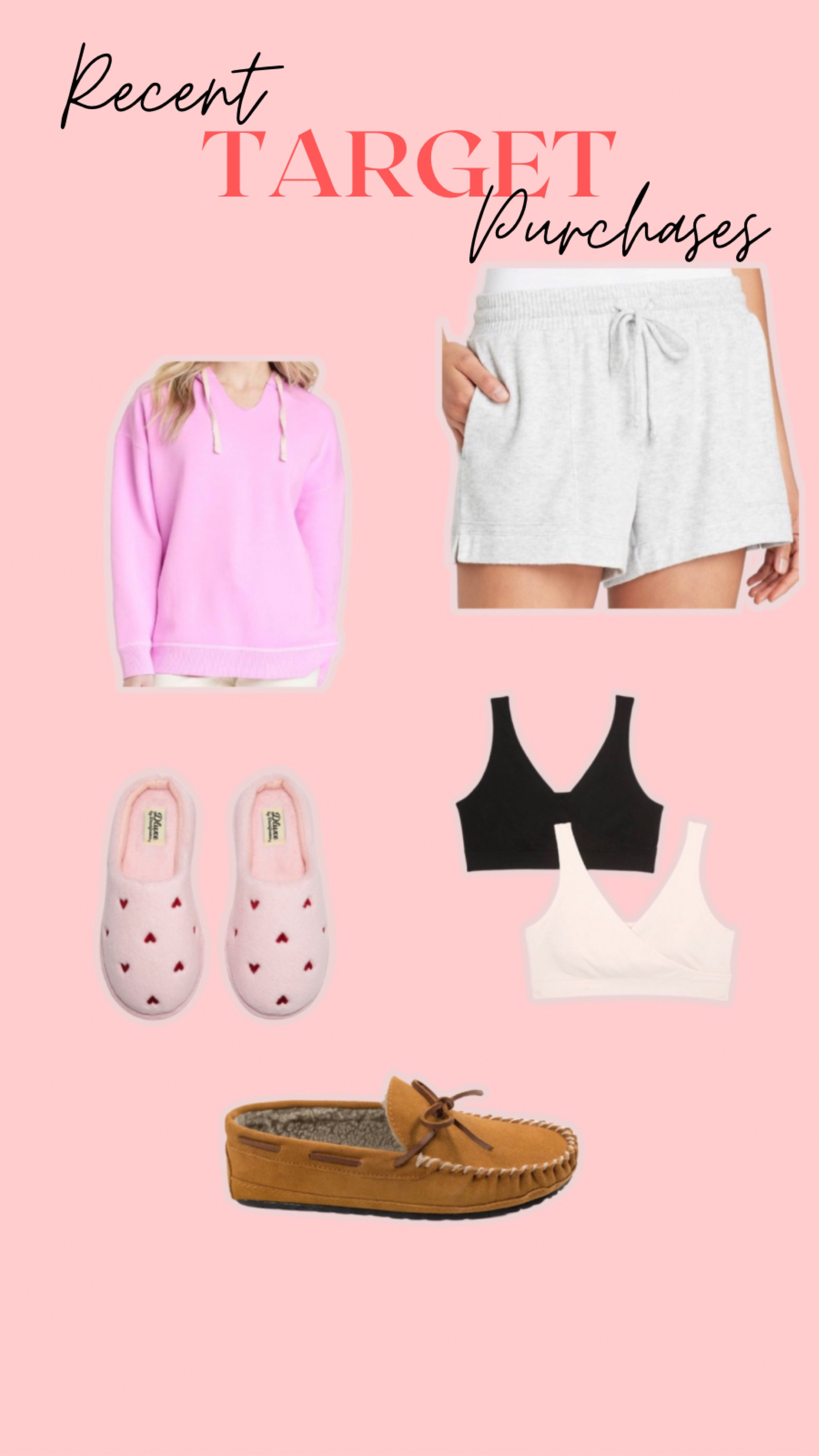 What we got at TARGET recently 🫶🏼
pink fleece pullover, comfy grey lounge shorts, nursing bras, valentines day house slippers, men’s moccasins slippers, target.


#LTKbump #LTKmens #LTKFind