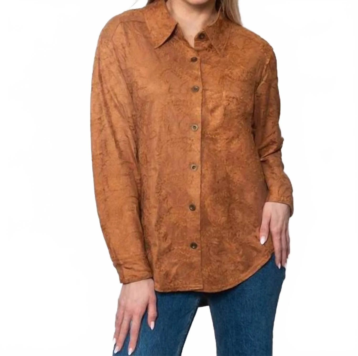 Embroidered Suede Button-Up Shirt In Brown | Shop Simon