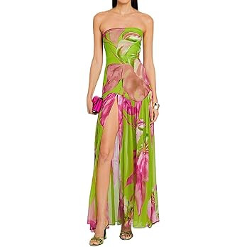 Women Tube Top Dress Tiger Stripe Mesh Patchwork Maxi Dress Strapless Sexy High Slit Long Dresses... | Amazon (US)