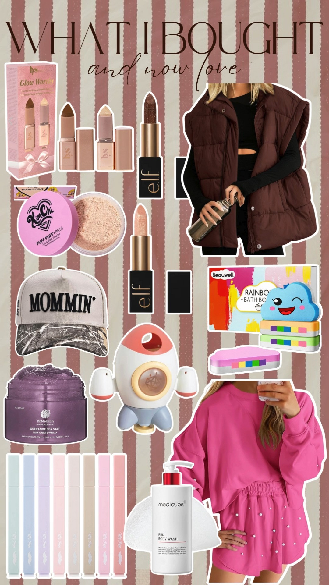 bought and love. puffer vest. contour. highlight. body scrub. trucker hat. bath bomb matching set. bible highlighters. setting spray. glittery lipstick.  

 #LTKSeasonal #LTKFindsUnder50 #LTKFindsUnder100