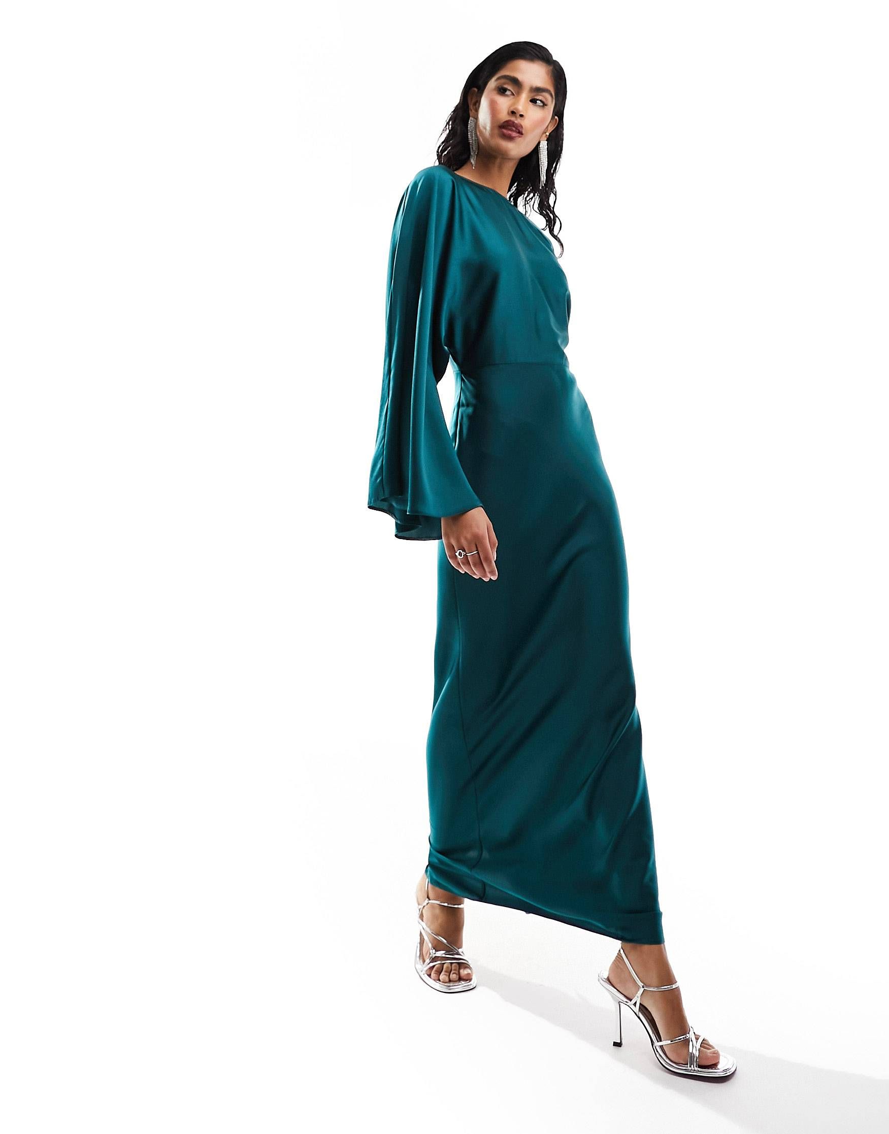 ASOS DESIGN satin batwing bias waisted maxi dress in dark green | ASOS (Global)